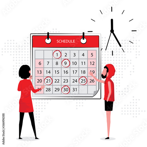 time management picture feature and and woman discussing about work while looking at the calendar and wall clock