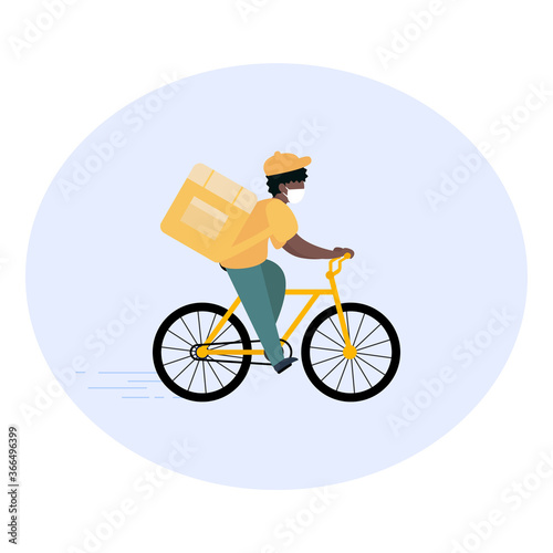 Food bicycle delivery courier. Man carries parcel box on the back. Fast and ecological way to move around the city. Express food delivery service by bike. Isolated vector illustration