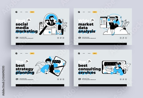 Set of Presentation slide templates or landing page websites design. Business concept illustrations. Modern flat outline style.