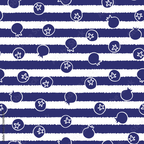 Vector Blueberriess on Blue and Whites Stripes Background Seamless Repeat Pattern. Background for textiles, cards, manufacturing, wallpapers, print, gift wrap and scrapbooking.