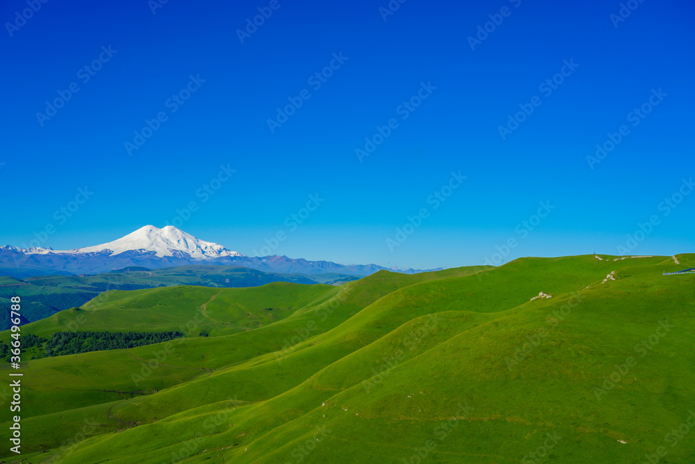 Fototapeta premium Green Meadow Hills Background Elbrus at a Summer Day.