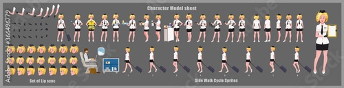 Stewardess Character Design Model Sheet with walk cycle animation. Girl Character design. Front, side, back view and explainer animation poses. Character set with various views and lip sync