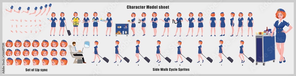 Stewardess Character Design Model Sheet with walk cycle animation. Girl Character design. Front, side, back view and explainer animation poses. Character set with various views and lip sync 