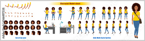 African American Girl Student Character Design Model Sheet with walk cycle animation. Girl Character design. Front, side, back view and explainer animation poses. Character set with lip sync 