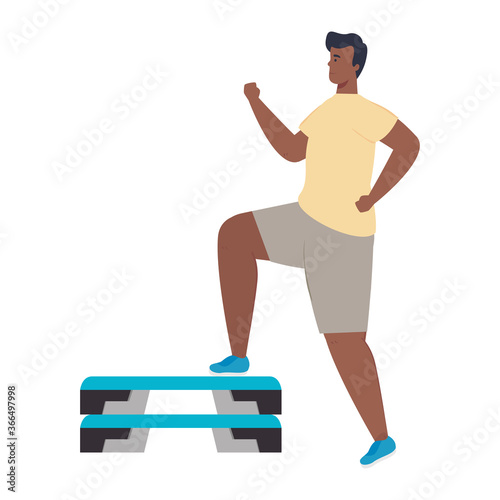young man afro in sportswear, sports training on step plafform vector illustration design