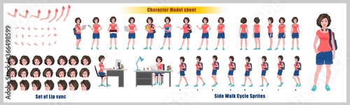 Girl Student Character Design Model Sheet with walk cycle animation. Girl Character design. Front  side  back view and explainer animation poses. Character set with various views and lip sync 