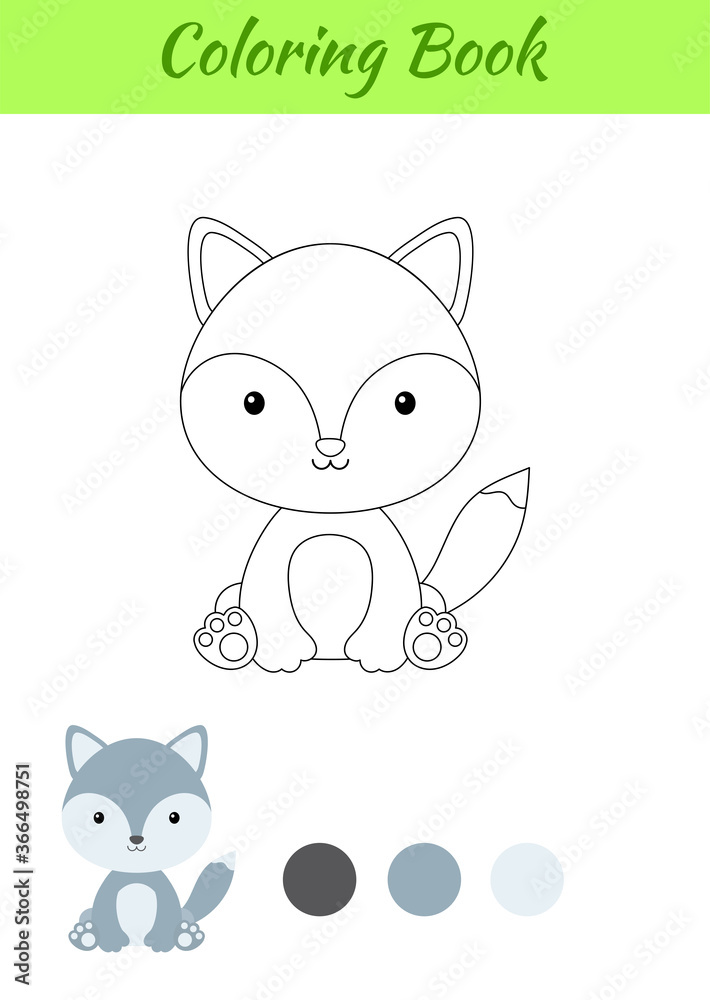 Coloring page little sitting baby wolf. Coloring book for kids. Educational activity for preschool years kids and toddlers with cute animal. Flat cartoon colorful vector stock illustration.
