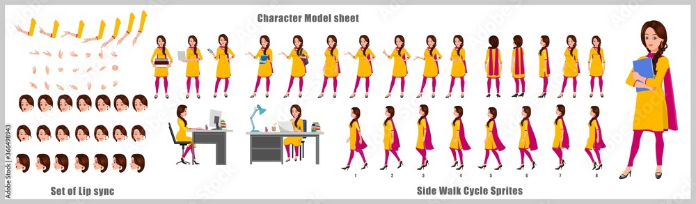 Indian Girl Student Character Design Model Sheet with walk cycle animation. Girl Character design. Front, side, back view and explainer animation poses. Character set with various views and lip sync 