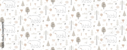 Seamless pattern with bear, dragonfly, clouds, trees. Hand drawn forest pattern is endlessly repeating. Can be used for kids, covers, fabrics, wallpapers, home decor. Vector illustration