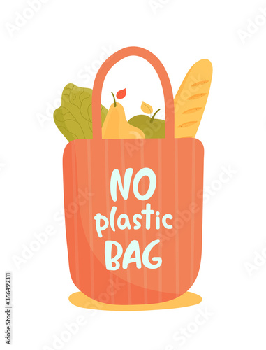 Reusable grocery eco bag isolated with fruits, vegetables and baguette. Zero Waste and food concept. Shopping without waste. Use cloth bags, No plastic bags Vector illustration in flat style