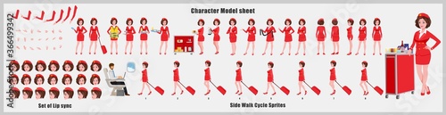 Stewardess Character Design Model Sheet with walk cycle animation. Girl Character design. Front  side  back view and explainer animation poses. Character set with various views and lip sync 