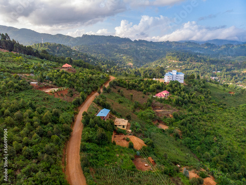 Aerial Drone Shot of Lushoto village in Usambara Mountains. Remote Place in Tanga Province, Tanzania, Africa photo