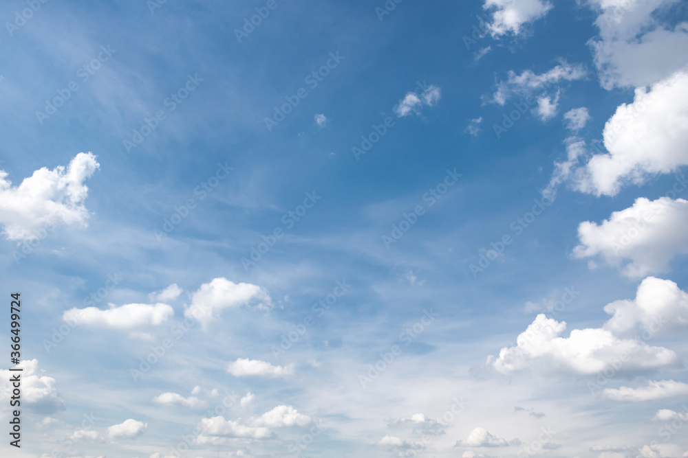 Fluffy white clouds float across the blue sky on a clear sunny summer or spring day. Empty space for inscriptions, form. Background sky. Blue and white wallpaper. Low angle view Fluffy white clouds float across the blue sky on a clear sunny summer or spring day. Empty space for inscriptions, form. Background sky. Blue and white wallpaper. Low angle view