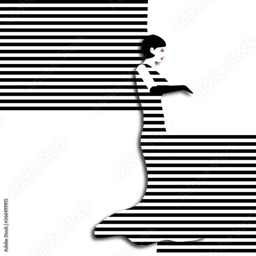 A woman wears a stylish striped gown in an op-art fashion and beauty illustration.