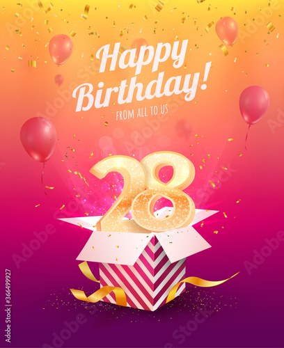 Celebrating 28 th years birthday vector illustration. Twenty eight anniversary celebration invitation card. Adult birth day. Open gift box with numbers two and eight flying