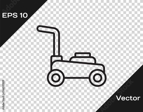Black line Lawn mower icon isolated on transparent background. Lawn mower cutting grass. Vector.