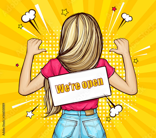 Pop art vector illustration of blonde girl standing backwards with signboard on a rope. On back of woman hangs sign with text We're open, isolated on yellow background. We are Open again. Reopening.