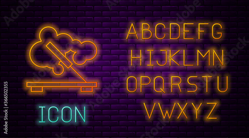 Glowing neon line Scented spa stick on a wooden stand icon isolated on brick wall background. Incense stick. Cosmetic procedure aromatherapy. Neon light alphabet. Vector.