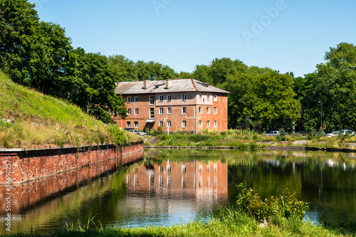 Baltiysk, Kaliningrad region, Russia - July 2020: Old German house near the Pillau fortress, Baltiysk, Russia