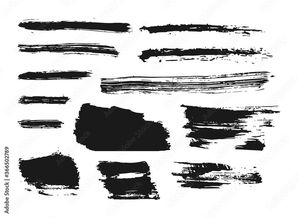 Set of black paint, ink brush strokes. Abstract lines, grungy texture. Dirty grunge background for text. Different hand drawn silhouette elements for digital brushes. Isolated vector illustration