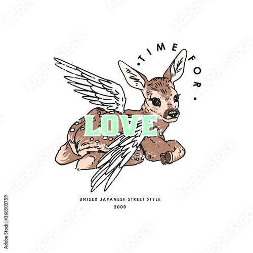 Fawn with wings and time for love slogan print illustration