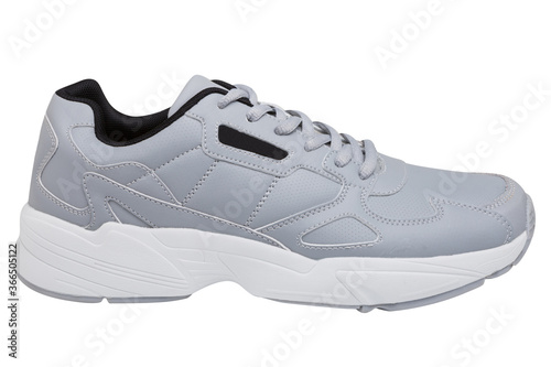 gray leather sneakers with thick white soles, on a white background