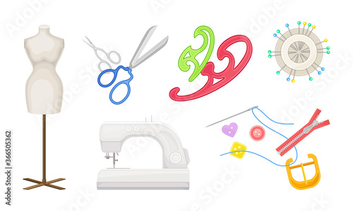 Sewing and Tailoring Equipment with Sewing Machine and Scissors Vector Set