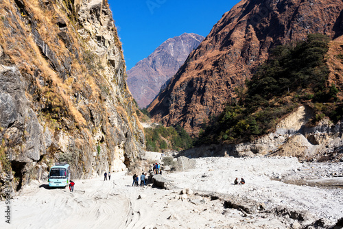 JOMSON, NEPAL - DEC 1, 2018: Panoramic views on a popular tourist destination trail in Nepal - Annapurna Circuit Trail.  Near Jharkot and Muktinath, Upper Mustang. photo