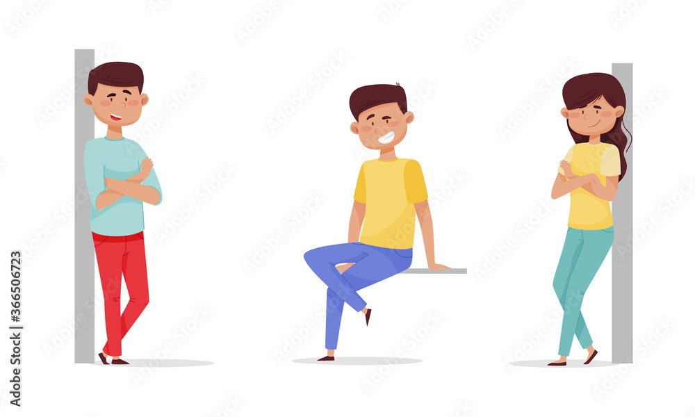 Men and Women Characters Standing Leaning on the Wall and Sitting Vector Illustrations Set Men and Women Characters Standing Leaning on the Wall and Sitting Vector Illustrations Set