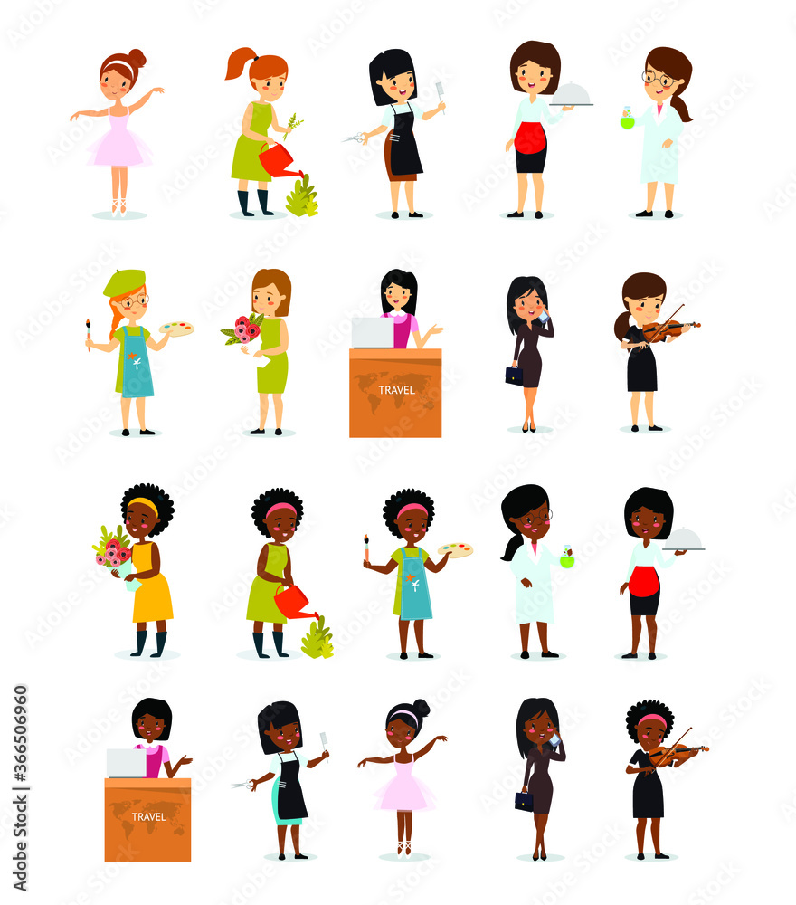 Vector set of female professions. Florist, gardener, farmer, artist, scientist, chemist, laboratory assistant, travel agent, hairdresser, ballerina, dancer. . African American woman. Women's work.
