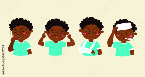 Vector set. the baby is ill. Cartoon boy
african, afro, allergy, american, arm, black, boy, cartoon, catch, character, child, childhood, cold, cold and flu, cold temperature, coughing child, design, d