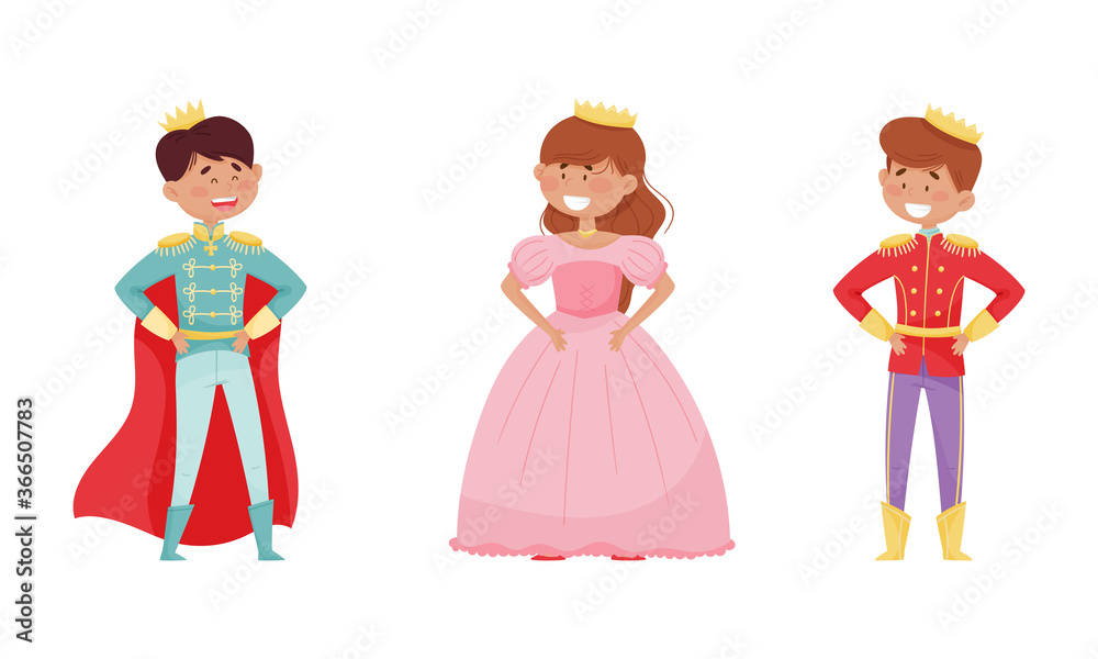 Smiling Little Prince and Princess Wearing Crown and Dressy Look Garments Vector Illustrations Set