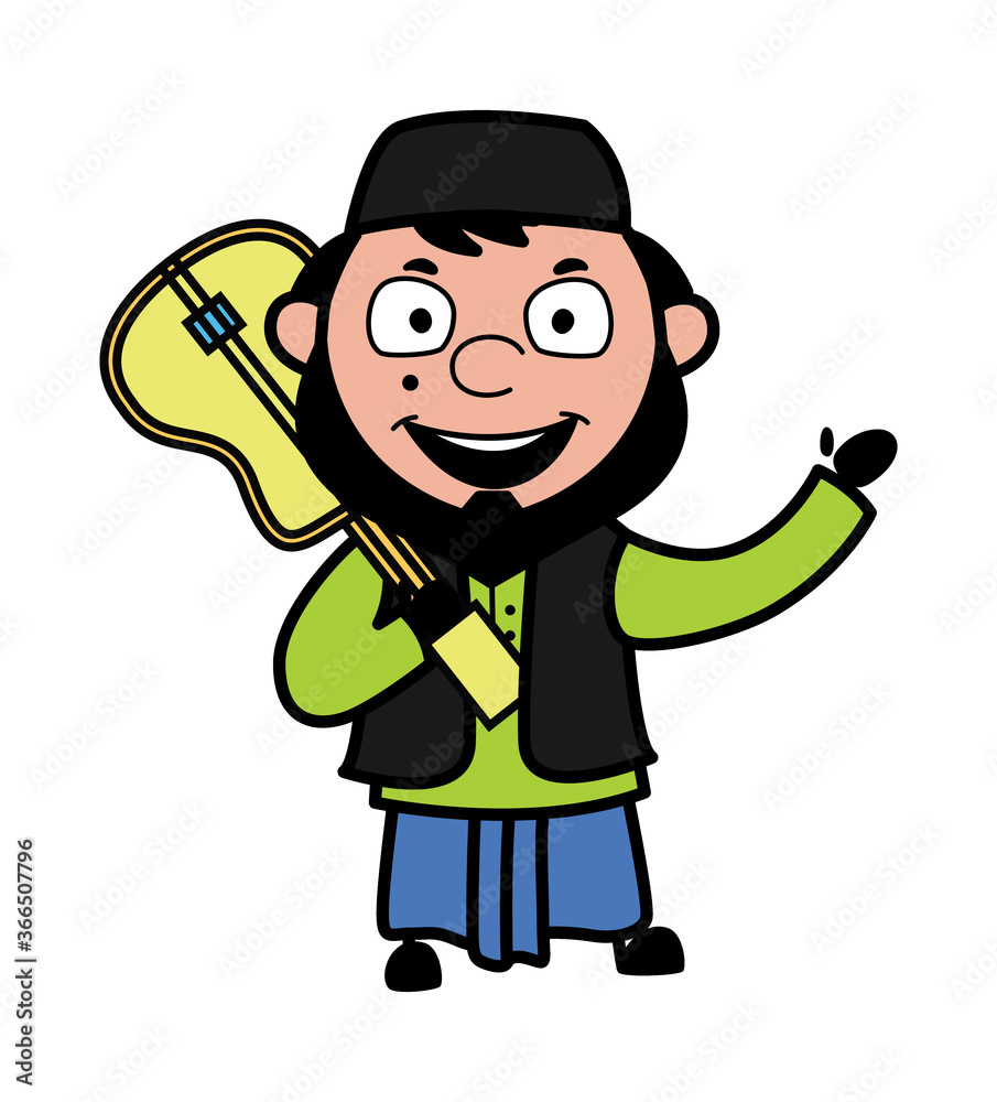 Cartoon Muslim Man Holding Guitar