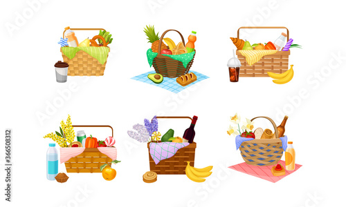 Wicker Picnic Baskets and Hampers Full with Foodstuff Vector Set