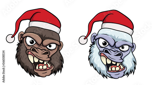 head of garilla or yeti wearing a christmas hat. isolated on a white background. stock illustration