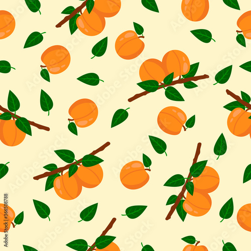 Fruit seamless pattern. Summer vector pattern with apricots and leaves on a yellow background. For the design of fabrics, packaging and wallpapers.