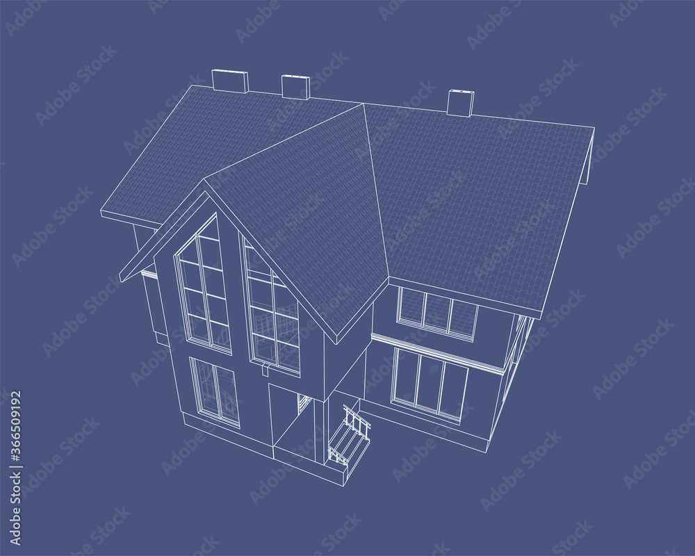 Vector perspective of luxury modern house exterior. 3D model of cottage. Top view. Vector blueprint. Vector perspective of luxury modern house exterior. 3D model of cottage. Top view. Vector blueprint.