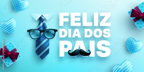Feliz dia dos pais.Happy Father's Day in portuguese language with necktie and gift box on blue background.Greetings and presents for Father's Day.Vector illustration eps 10.