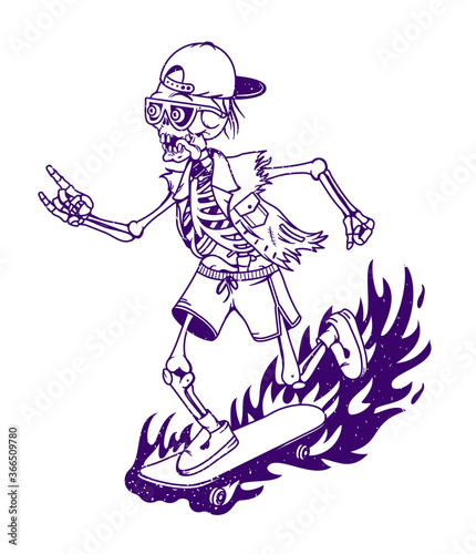 Skeleton Skateboarder Mascot with Sign of the Horns Hand Sign. Skateboarding Vector Illustration.