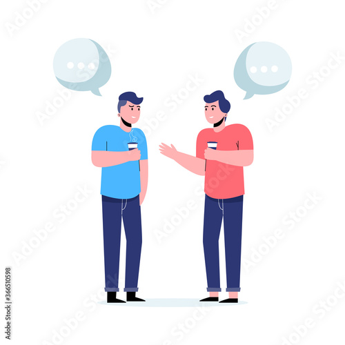 Two happy men sharing and discussion. Flat vector illustration