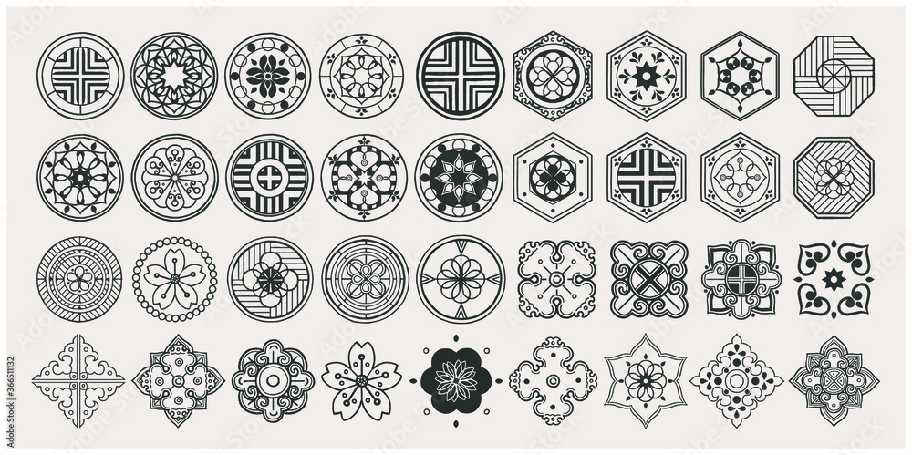 Set of hand drawn oriental elements. Black mandala / Asian traditional design. 