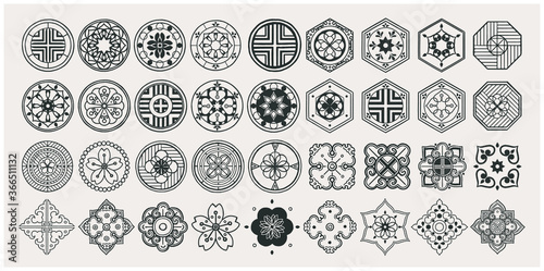 Set of hand drawn oriental elements. Black mandala / Asian traditional design. 