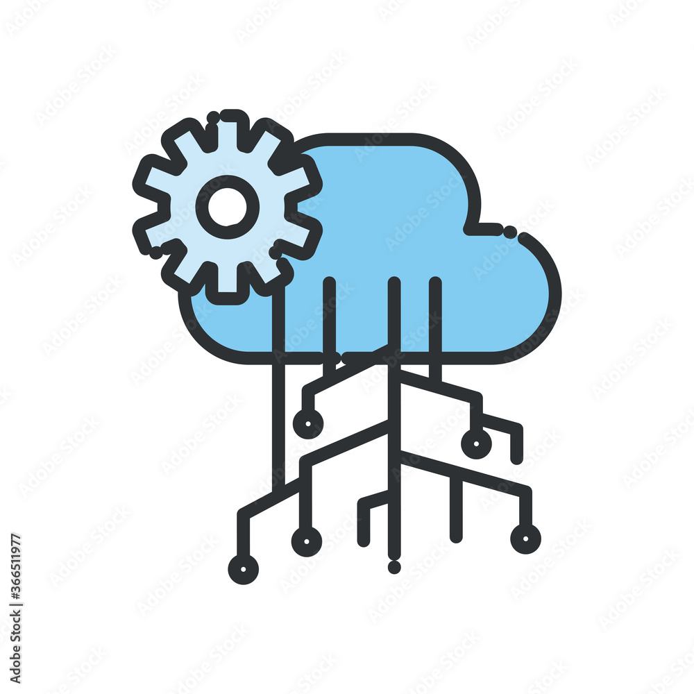 Cloud computing with circuit and gear line and fill style icon vector design