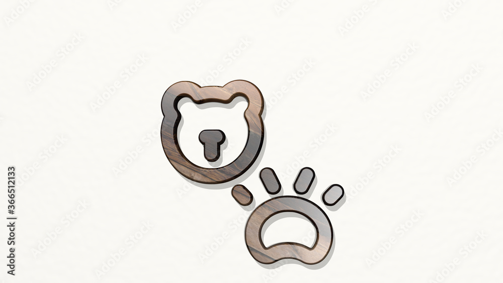 BEAR PAW from a perspective on the wall. A thick sculpture made of metallic materials of 3D rendering. illustration and animal BEAR PAW from a perspective on the wall. A thick sculpture made of metallic materials of 3D rendering. illustration and animal
