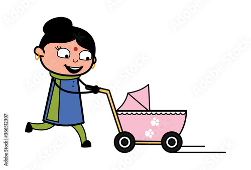 Cartoon Indian Lady with Baby Cart