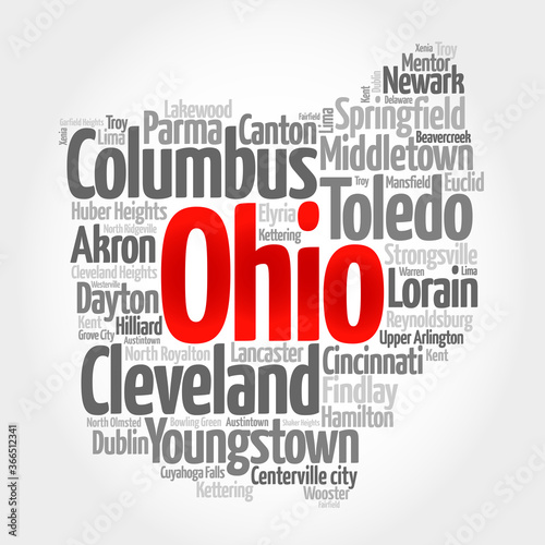 List of cities in Ohio USA state, map silhouette word cloud, map concept background photo