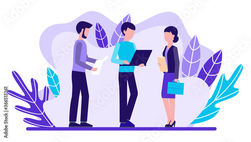 Teamwork. People discuss the workflow. Flat design. Vector illustration.