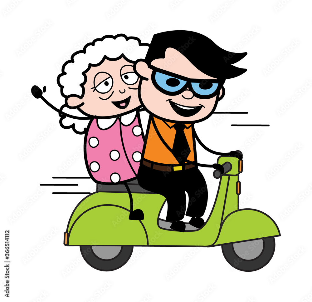 Cartoon Businessman Riding Scooter with an old lady