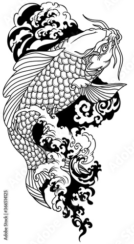 koi carp swimming upstream. Japanese gold fish with water waves. Black and white vector illustration