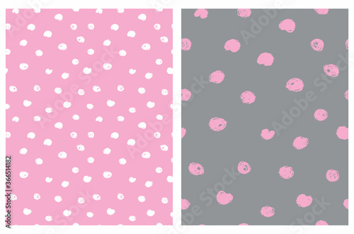 Cute Abstract Dots Seamless Vector Pattern. White Irregular Brush Dots on a Light Pink Background. Pink Chalk Spots on a Gray Backdrop. Funny Infantile Style Design. Doodle Print.